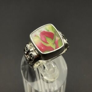 Sterling‎ Silver Rosebud Flower Ring Ceramic Jewelry Cottage Vintage Fuchsia